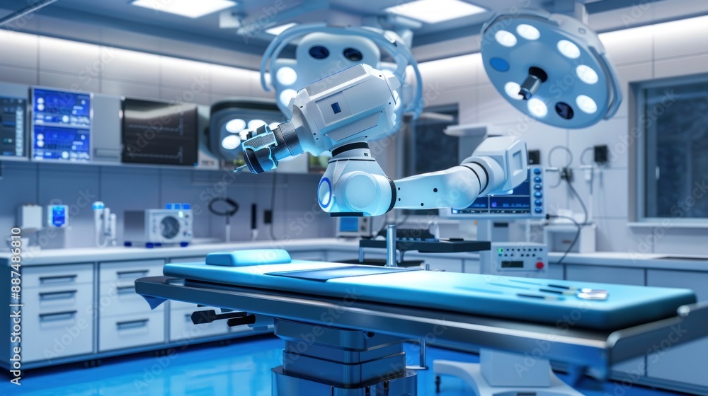 Poster surgical robot performing minimally invasive surgery in an operating room with minimalist background