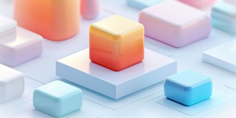 Abstract Futuristic 3D Render Minimalistic Style with Floating Geometric Shapes Isometric Design, Light Color Theme, Bright Background, and Soft Lighting