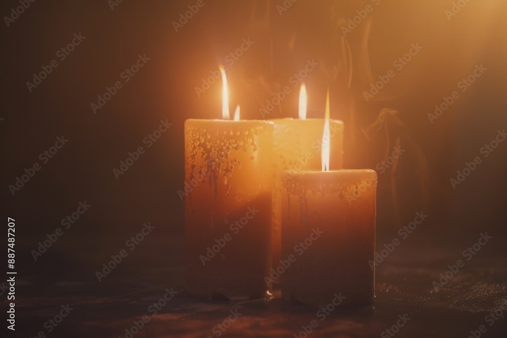 Poster a group of three candles placed together on a table, suitable for use in interior design or decorati