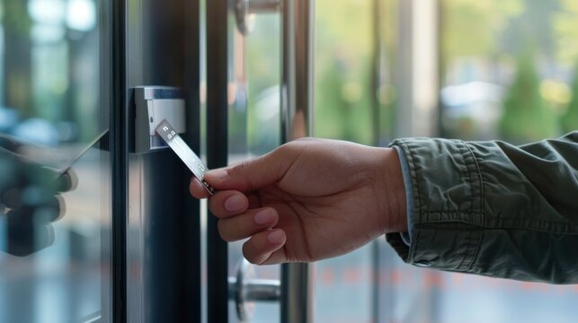 Hand of a man inputting access code and swiping key card for door entry