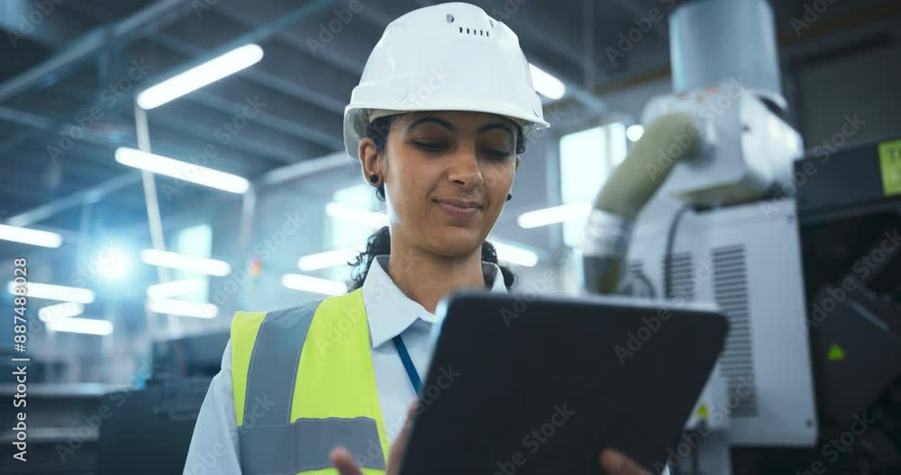 Poster female worker in a white hard hat and reflective vest standing in a manufacturing facility, inspecti