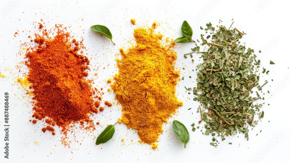 Poster a colorful arrangement of various spices on a white background, perfect for use in cooking or as a d