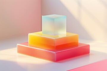Abstract Futuristic 3D Render Minimalistic Style with Floating Geometric Shapes Isometric Design, Light Color Theme, Bright Background, and Soft Lighting