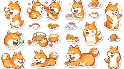 Obraz premium A set of cute Shiba Inu stickers, the dog is doing various activities such as cooking and playing games, anthropomorphic expression style, white background, simple design, flat vector graphics, colorf