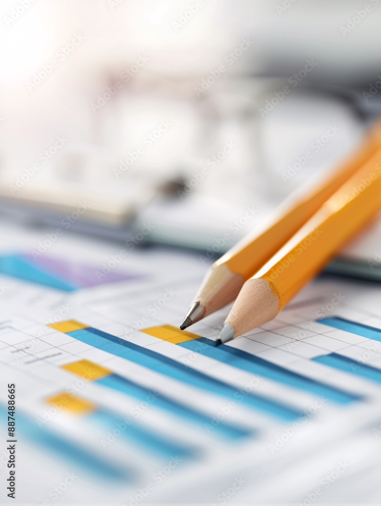 Poster financial documents and colorful charts arranged neatly on a consultantâ€™s desk, with a focus on th