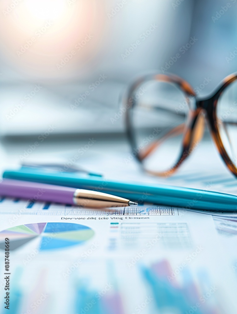 Poster financial documents and colorful charts arranged neatly on a consultantâ€™s desk, with a focus on th