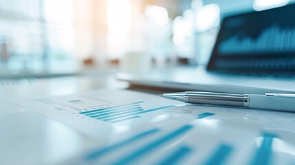 Financial charts and reports laid out on a clean desk, with a consultant's pen highlighting important figures. The image emphasizes meticulous financial planning and analysis, providing copy space