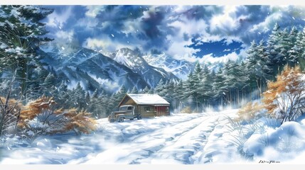 Fototapeta premium A watercolor painting of a cabin tucked away in the snow covered woods with an old fashioned truck parked to the side