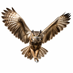Imposing Great Horned Owl Soaring with Outstretched Wings and Fierce Expression