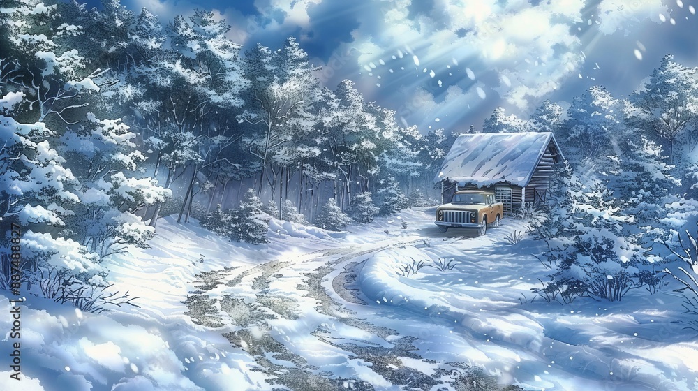 Canvas Prints A watercolor painting of a cabin tucked away in the snow covered woods with an old fashioned truck parked to the side