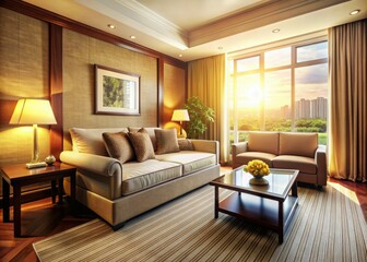 Serene atmosphere of a luxurious hotel room with a plush sofa basked in warm sunlight, evoking feelings of relaxation and rejuvenation, perfect for a peaceful getaway.
