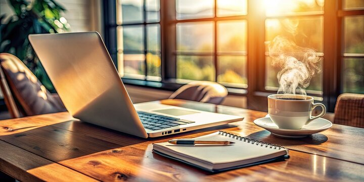 A modern laptop computer sits on a wooden desk surrounded by scattered papers, pens, and a cup of steaming hot coffee, conveying a sense of productivity.