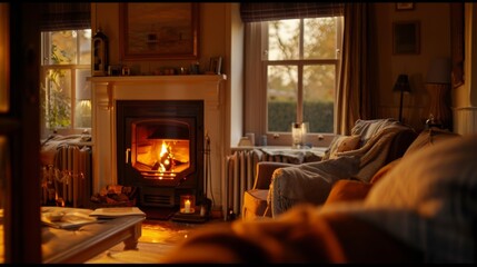 Cozy living room with fireplace, warm and inviting space, comfortable sofa and natural light creating a serene atmosphere for rest.