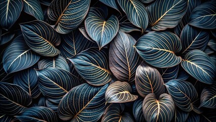 Dark, intricate, abstract black leaves with delicate veins and edges, arranged in a flat lay composition, evoking a mysterious, tropical, and digital nature-inspired aesthetic.