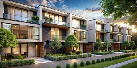 Fototapeta premium Sleek modern townhouses with minimalist exterior design, featuring large windows, clean lines, and neutral tones, nestled among lush greenery in a serene residential setting.