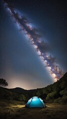 A tent pitched in a scenic spot with a night sky overhead, filled with stars and possibly the Milky Way