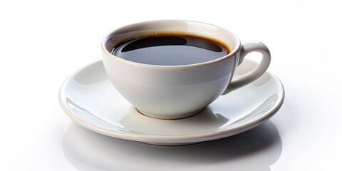 A solitary white ceramic cup filled with rich black coffee sits isolated on a clean white background, evoking a sense of simplicity and morning serenity.