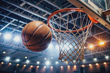 Fototapeta premium Basketball hoop and ball, scoring points in basketball game close up. Generative ai