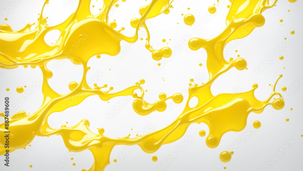 Poster close-up yellow juice liquid splashing against a white background, creating dynamic, abstract patter