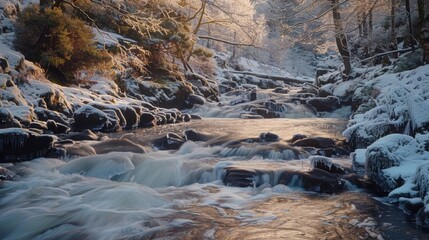 Snowy stream in a tranquil winter forest as the sun gently lights the peaceful water, creating a serene, dreamlike landscape for nature lovers.