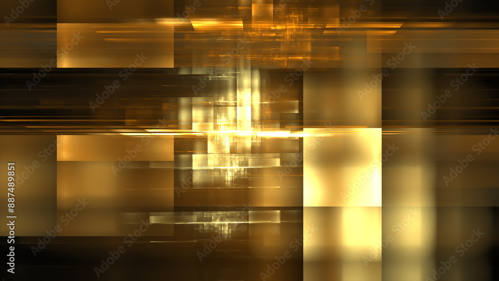 Poster Digital abstract geometric pattern of gold and brown rectangles. Hi tech digital interior Abstract data center server. Pattern creates sense of depth and movement. 3d render