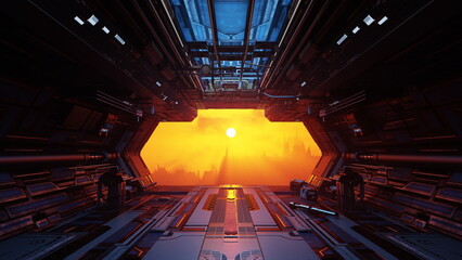 Futuristic spaceship interior with a large window showcasing a vibrant orange sunset and a distant cityscape. The view is from the interior of the spacecraft, looking out. 3d render © angel_nt