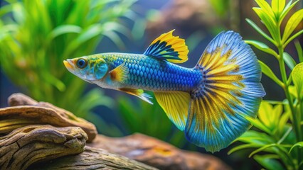 Fototapeta premium Vibrant blue and yellow fancy guppy fish swims elegantly in a thriving freshwater aquarium, surrounded by lush green aquatic plants and natural driftwood decorations.