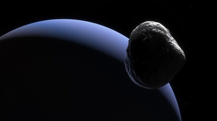 Spacecraft orbits Neptune, providing a clear view of the planets blue and white atmosphere and its...