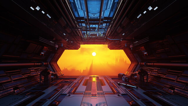 Futuristic spaceship interior with a large window showcasing a vibrant orange sunset and a distant cityscape. The view is from the interior of the spacecraft, looking out. 3d render