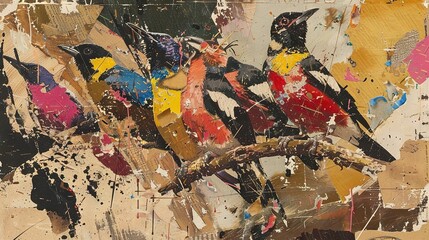 Fototapeta premium A group of birds perched on a tree branch, surrounded by paint splatters