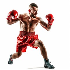 A boxer wearing red boxing gloves and shorts, with a determined expression on his face, lunges forward in a boxing stance.