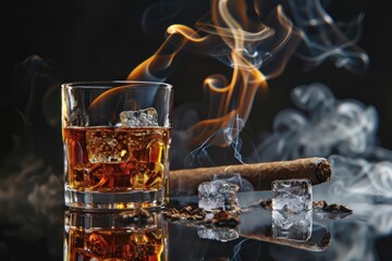 A glass of whiskey or cognac with ice cubes and a smoking cigar on the bar counter
