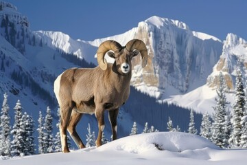 A Majestic bighorn sheep in snowy mountain landscape sure