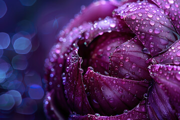Macro image of onion peels in water drops. Horizontal background in lilac-blue tones with highlights. Generated by artificial intelligence