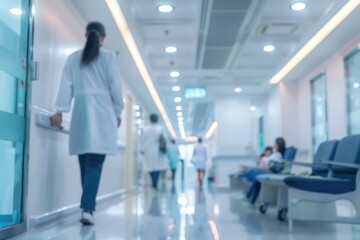 abstract blurred image of doctor and patient people in hospital interior or clinic corridor for background