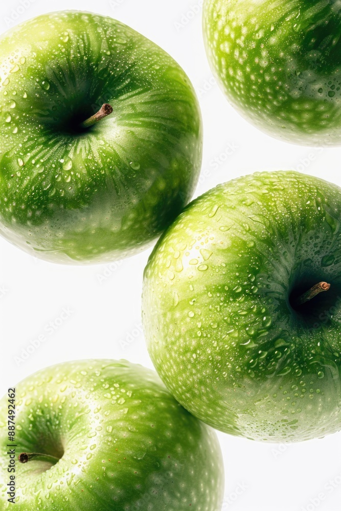 Poster A collection of fresh green apples resting on a clean white surface, ready for use or display