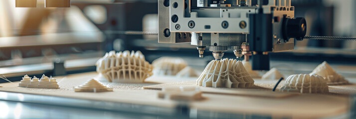 High Tech 3D Objects Printing Process, Advanced Manufacturing and Precision Engineering with Cutting-Edge 3D Printing Technology wallpaper horizontal banner photograph, 3D Printing machinery process