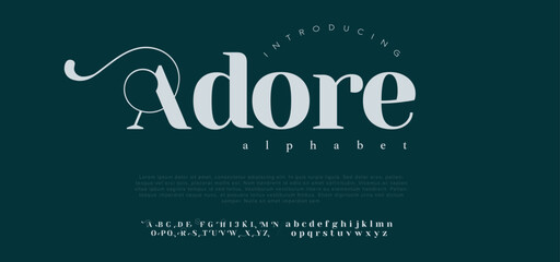 Adore Elegant Font Uppercase Lowercase Number And Ampersand. Classic Lettering Minimal Fashion Designs. Typography modern serif fonts regular decorative vintage concept. vector illustration