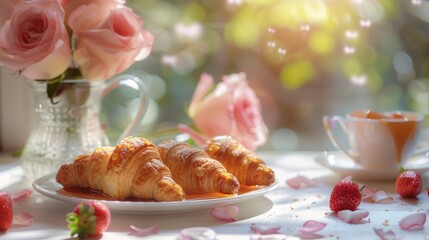 Romantic breakfast on the terrace, fragrant strawberries, fresh croissants accompanied by a bouquet of roses on the table