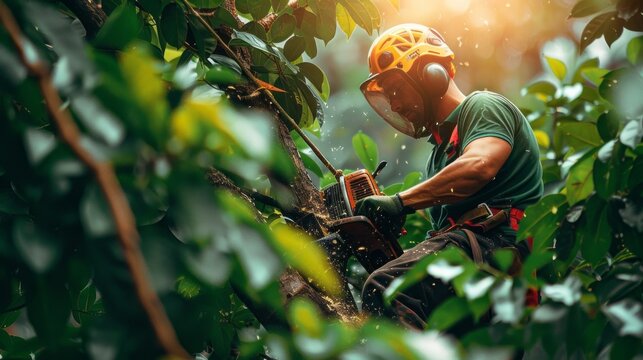 An arborist is working high in the canopy of a tree using a chainsaw to trim branches