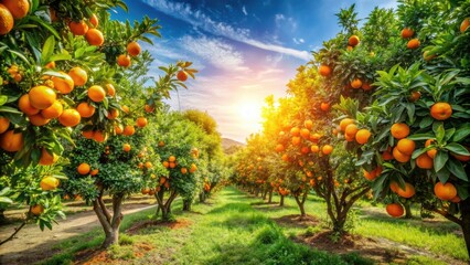 Vibrant orange grove basks in warm sunshine, laden with juicy oranges ripening on branches, awaiting new harvest, surrounded by lush green foliage and rustic terrain.