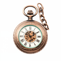 Elegant Copper Pocket Watch With Exposed Mechanism And Chain On White Background