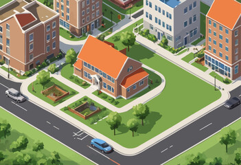 Vibrant Town Center with Orange Roofs and Green Grass