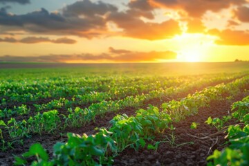 Naklejka premium Agricultural peas plantation on field with sunset background
