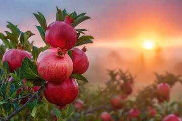 Agricultural pomegranate plantation on field with sunset background