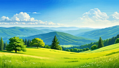 Obraz premium Vibrant Green Pasture with Tall Grass and Trees, Sunny Day