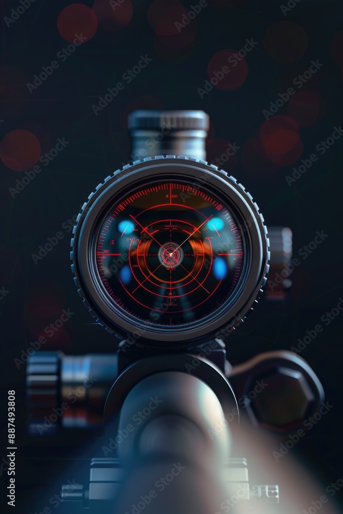 Poster a close-up shot of a rifle with a red light on it, suitable for use in scenes related to hunting or 