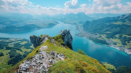 Obraz premium A panoramic perspective of a vast expanse of water from an elevated vantage point on a mountain
