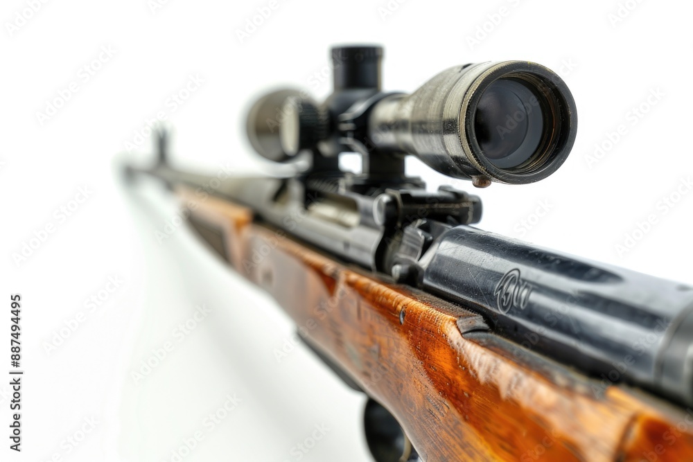 Poster close-up shot of a rifle on a white background, suitable for use in editorial or advertising context