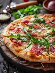 8 Gourmet pizza with arugula prosciutto and Parmesan spherical perspective elegant